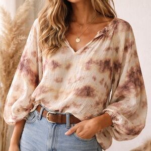 Nation LTD Gauze Peasant Blouse Large Made USA Tie Dye Boho Balloon Sleeve Top